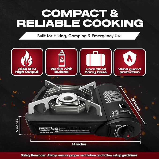 Portable Butane Camping Stove COMBO, Piezo Ignition Wind-Guard 7,650 BTU Portable Stove Burner w/ 4 x 8oz. Butane Fuel Canister for Emergencies, Hiking & Outdoor Camping Essential by Chef Master 90027