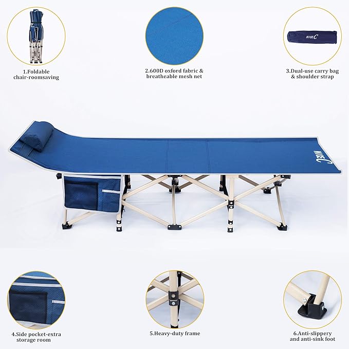 Nice C Camping Cots, Cots for Adults, Folding Cot Bed, with Pillow, Carry Bag & Storage Pocket, Extra Wide Sturdy, Holds Up to 500 Lbs (2, Blue)