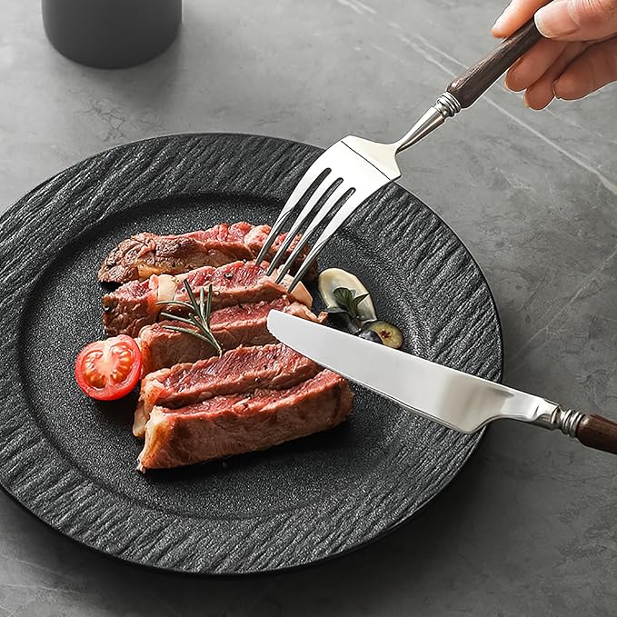 30pcs wooden silverware set, food-grade stainless steel flatware service for 6,Premium 18/8 (304) Stainless Steel Cutlery Set, Forks Spoons and Knives Set for Home/Camping/Travel, Mirror Finish