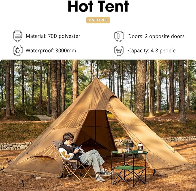 Hot Tent with Stove Jack Onefires Large Teepee Tent for Outdoor Family Camping 4-8 Person | with Stove Jack, Large, for Family Camping