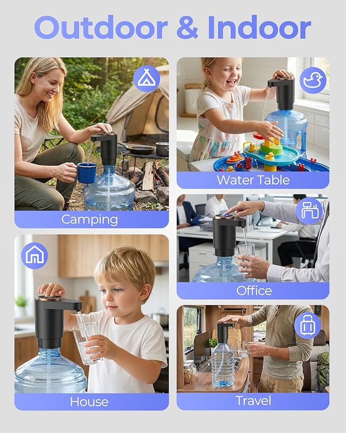 Water Jug Pump for 5 Gallon Bottle – Portable Electric USB-C Charging Dispenser, Dual Powerful Motors, Fast Flow, Fits 2-5 Gallon Jugs – Ideal for Home, Office, Camping, RV, Black