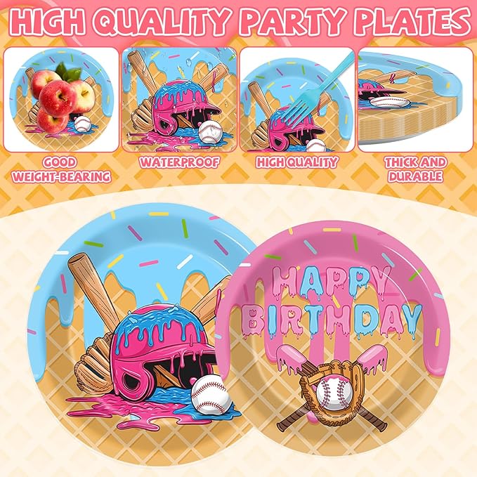 96 Pcs Ice Cream Drip Baseball Party Supplies Baseball Ice Cream Drip Party Plates and Napkins Sport Theme Tableware Dinnerware Set for Team Gift Sport Birthday Camping Baby Shower Parties Favors