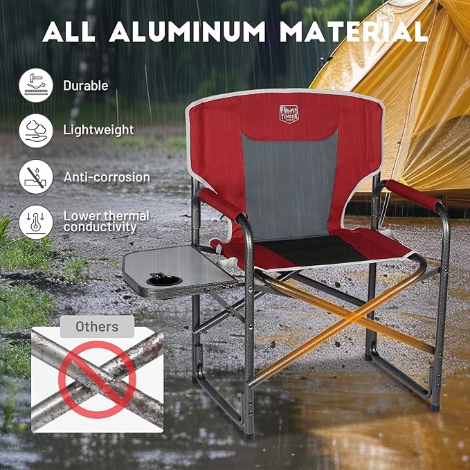 TIMBER RIDGE Lightweight Oversized Camping Chair, Aluminum Directors Chair with Side Table for Outdoor Camping, Lawn, Picnic and Fishing, Supports 400lbs, Red 2PCS