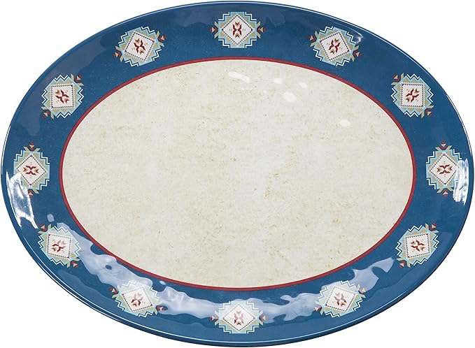 Paseo Road Spirit Valley 14 Piece Melamine Plastic Dinnerware Set with Plates, Bowls and Serving Platter, Southwestern Rustic Cabin Lodge Aztec Style