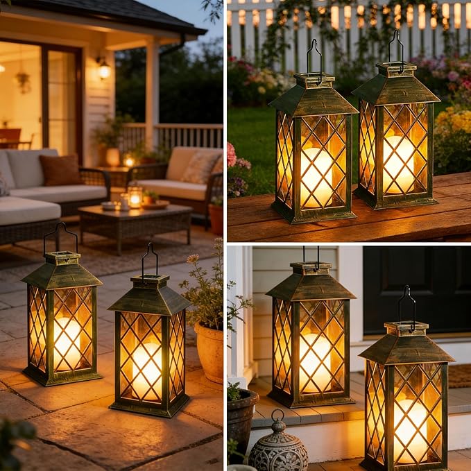 Solar Lanterns Outdoor Waterproof, 2 Pack Glass Hanging Solar Lights with Flickering Flameless Candle, Outdoor Lanterns for Patio Wall Porch Table Garden Yard Tree, Gift for Women Mom - Bronze