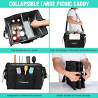 HAUSHOF Large Grill and Picnic Caddy with Paper Towel Holder, Condiment Pocket, Foldable BBQ Organizer Easy Carry Griddle Caddy for Camping, RV, Outdoor Waterproof Oxford Cloth (Black)