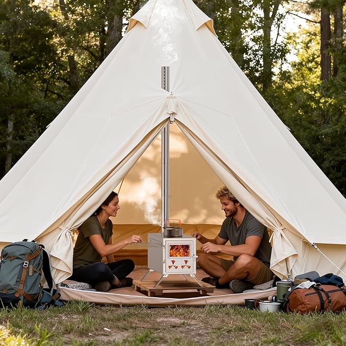 Upgraded Wood Stove, Hot Tent Stove Camping Portable Stainless Steel Wood Burning Stove with 7 Chimney Pipes for Wall Tent Camping, Hunting, Heating, Cooking, Ice Fishing, Boiling Water - Large