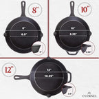 Cuisinel Cast Iron Skillets Set with Lids - 8"+10"+12"-inch Pre-Seasoned Covered Frying Pan Set + Silicone Handle and Lid Holders + Scraper/Cleaner - Indoor/Outdoor, Oven, Stovetop, Fire Safe Cookware