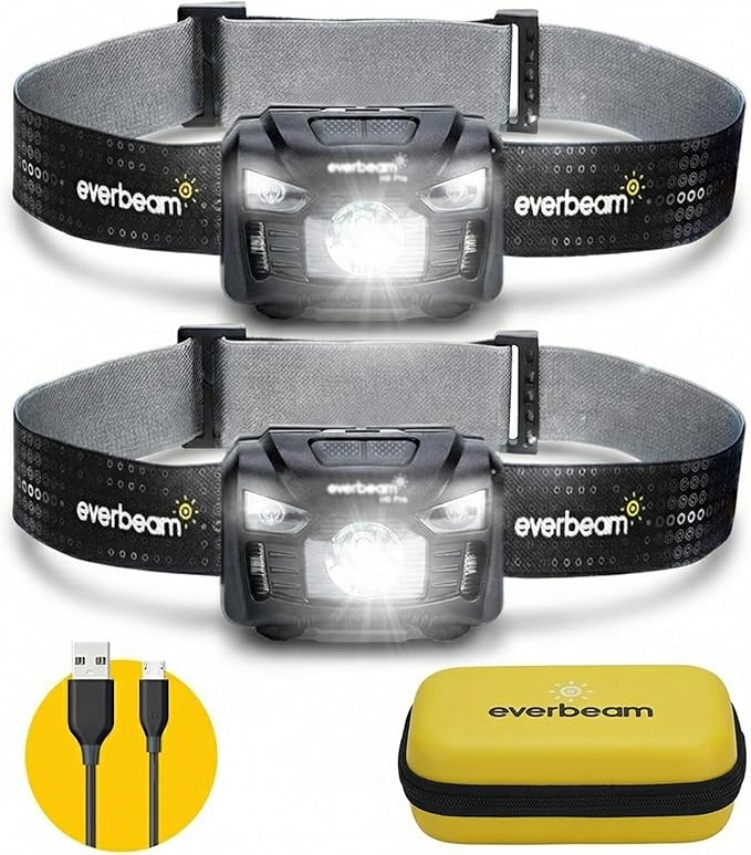 Everbeam H6 Pro LED Head Torch Headlamp, Motion Sensor Control, 650 Lumen Bright 20 Hours Runtime 1200mAh Battery Powered USB Rechargeable Headlight (2 Pack)