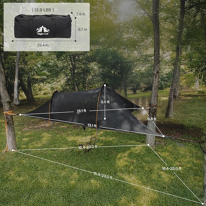 Night Cat Triangle Hammocks 2-Persons: Lay Flat 3 Point Hammock Tent with Bug Net Rainfly 13ft 440 LBS