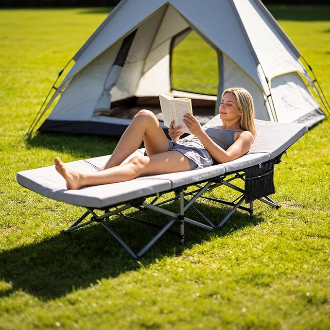 Slsy Camping Cot with 2" Memory Foam Mattress, Upgraded Padded Folding Cot Bed with Carry Bag, Portable Sleeping Cot for Camping, Travel, Beach & Hiking