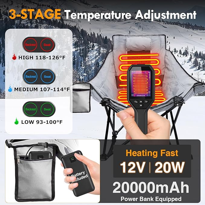 Slendor Oversized Heated Camping Chair with 2000mAh Battery, Padded & Pillow Heated Rocking Chair, 3 Adjustable Heat Settings Camping Rocker Chair for Easy Setup and Foldable Storage