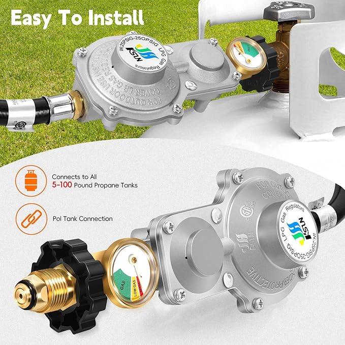 GasSaf 10FT 2 Stage Propane Regulator with Hose for RV, Generators, Camp Stoves, Gas Grills, Heaters - Standard POL Connection Fits 5-100 lb Propane Tanks
