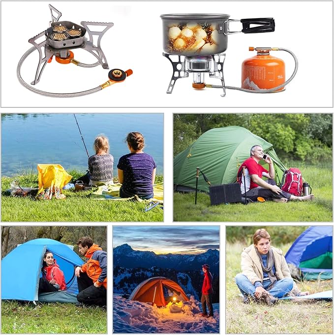 SVNVIOZ 5800 Camping Stove, Windproof Backpacking Stove with 3 Burner Cores, Piezo Ignition, Storage Box, 2 Types Fuel Canister Adapters, Camping Gear Portable Stove for Outdoor Camping Hiking Cooking