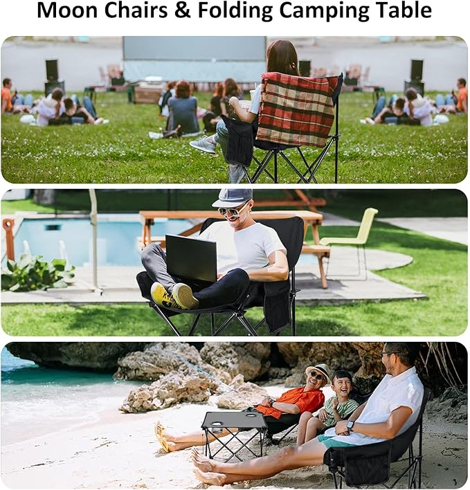 Leonyo 2 Pcs Portable Camping Chairs for Adults, Oversized Lawn Chair with Folding Camping Table for Outdoor Sports, Fishing, Rv Travel, Beach, Picnic – Black