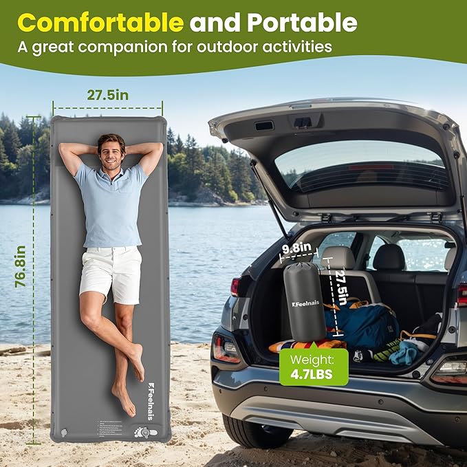 Camping Sleeping Pad, Built-in Foot Pump Inflatable Sleeping Pads, Memory Foam Mattress with Pillow, 4 Season Camping Mattress Pad, Camping Essentials Gear for Tent, Car, Hiking - Grey
