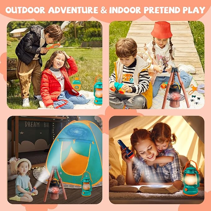 Kids Camping Set 50pcs with Tent & Space Projector Flashlight- Outdoor Campfire Toy Set for Toddlers Kids - Pretend Play Camp Gear Tools for Birthday Christmas
