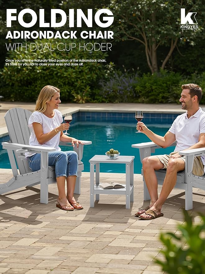 KINGYES Folding Adirondack Chair Set of 4, Dual Cup Holders & All-Weather HDPE, Wood-Like Patio Chair for Backyard, Camping, Pool & Fire Pit, Silver Grey