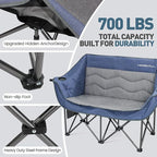 Double Camping Chair for Adults - Heavy Duty Folding Loveseat Support 700 lbs, 2 Person Padded Camping Couch Portable with Cup Holders & Storage Bag for Camping, Lawn, Sports, Blue