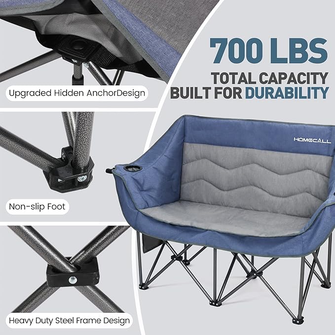 Double Camping Chair for Adults - Heavy Duty Folding Loveseat Support 700 lbs, 2 Person Padded Camping Couch Portable with Cup Holders & Storage Bag for Camping, Lawn, Sports, Blue