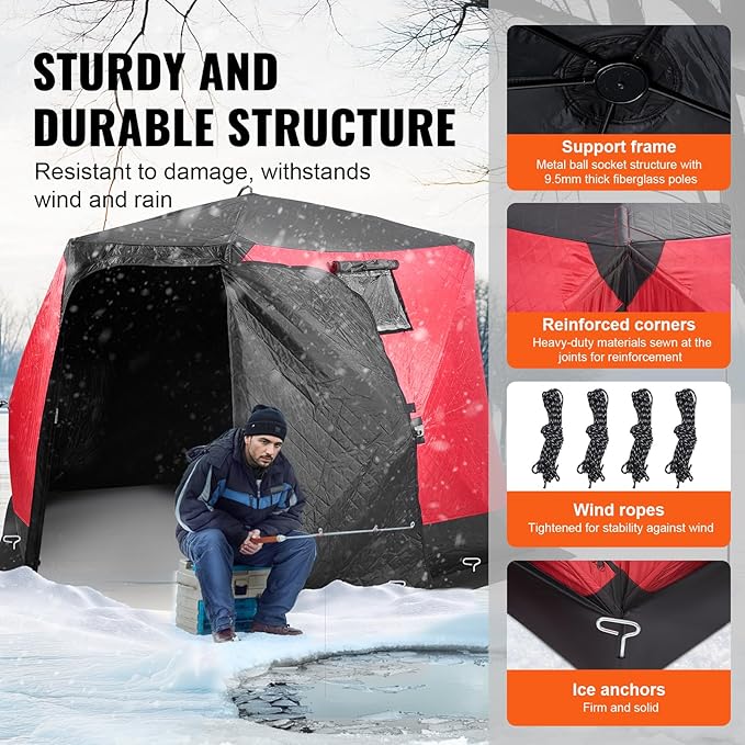 VEVOR Portable Pop-Up Tent, 1-8 Person Insulated Shelter, Large Fishing Area, Hub-Style Shanty for Winter Fishing, Waterproof Oxford Ice Cube with Anchors/Ropes/Carrying Bag