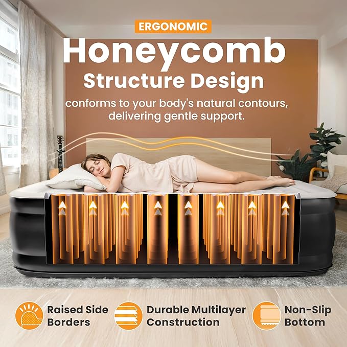 Queen Air Mattress with Built-in Pump, 18" Raised Blow Up Mattress, 800 lbs Max Honeycomb Air Bed, 48Hr Leak-Proof Test, 3min Inflatable Mattress for Home, Guests, Camping, Colchones inflables