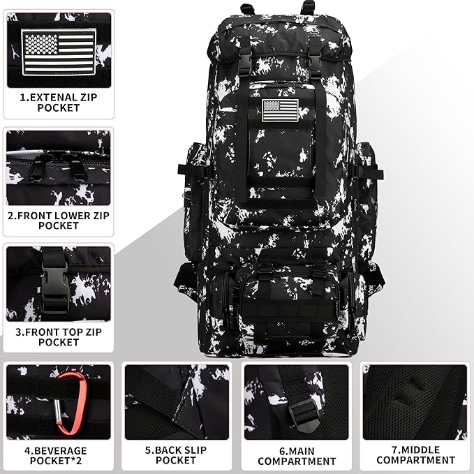 King'sGuard 100L Camping Hiking Backpack Molle Rucksack Military Camping Backpacking Daypack (Black Lighting)