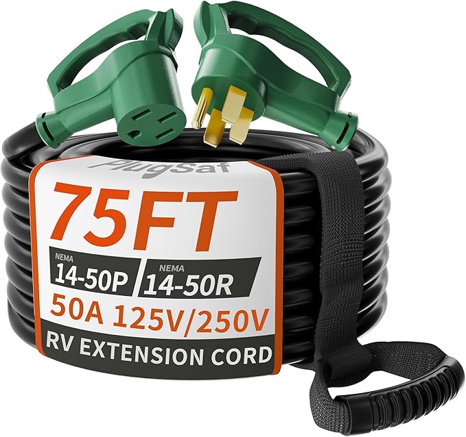 NEMA 14-50P/14-50R 75 FT 40 Amp RV/EV Extension Cord Outdoor with Grip Handle, 4 Prong Flexible Heavy Duty STW RV Power Cord Waterproof, 40A 125/250V 5000/10000W, Black-Green, ETL Listed