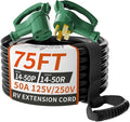NEMA 14-50P/14-50R 75 FT 40 Amp RV/EV Extension Cord Outdoor with Grip Handle, 4 Prong Flexible Heavy Duty STW RV Power Cord Waterproof, 40A 125/250V 5000/10000W, Black-Green, ETL Listed
