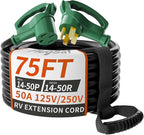 NEMA 14-50P/14-50R 75 FT 40 Amp RV/EV Extension Cord Outdoor with Grip Handle, 4 Prong Flexible Heavy Duty STW RV Power Cord Waterproof, 40A 125/250V 5000/10000W, Black-Green, ETL Listed