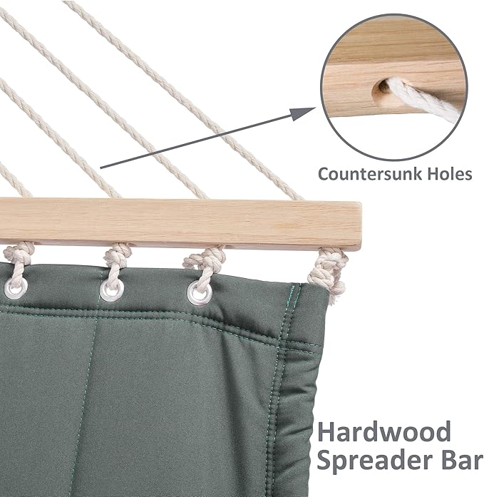 SUNCREAT Double Hammock for 2 Person, Extra Large Outdoor Portable Hammock with Hardwood Spreader Bar, Soft Pillow, 475 lbs Capacity, Gray Green