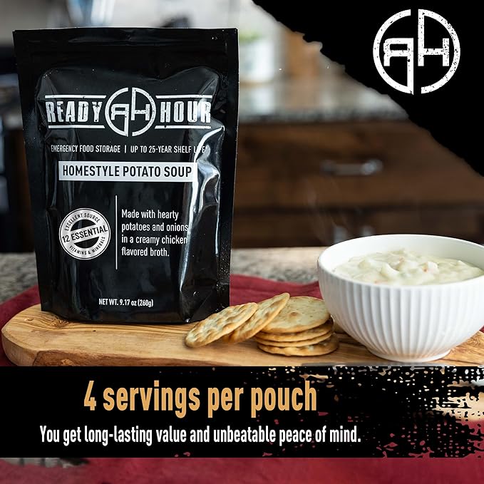 Ready Hour Homestyle Potato Soup Case Pack – 24 Servings (6 Pouches) – Freeze-Dried Soup, Emergency Survival Food, Long-Term Storage, Dehydrated Bulk Meal, Prepper Pantry Essential
