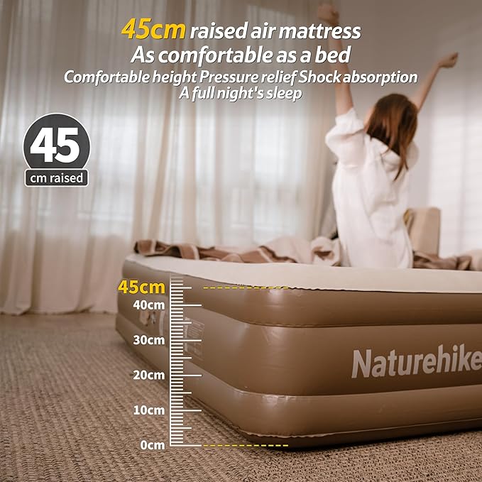 Naturehike Air Mattress Queen with Built in Pump, 17.7" Raise Blow Up Luxury Mattress, Fast 2Mins Portable Colchone Inflable Mattress, Cordless Air Bed for Home & Camping
