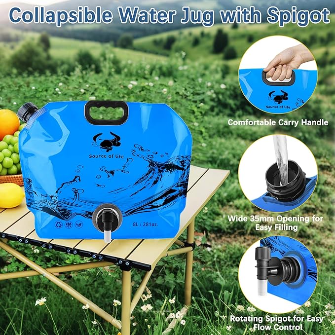 Water Jug Camping 2.1 Gallon Collapsible with Spigot, BPA Free Portable Water Pouch Foldable Water Bags for Outdoor Hiking, Travel and Emergency & Water Storage Containers (Orange_Blue-2Pcs)