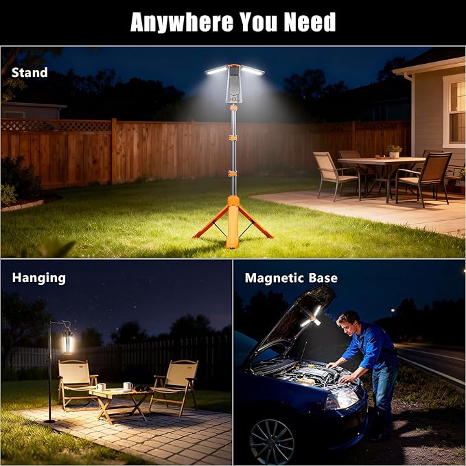 SKYFIRE Rechargeable Camping Light, 5500 Lumens LED Work Light with Detachable Tripod, 10000mAh Battery Powered, Solar Magnetic Waterproof Outdoor Light for Camping, Emergency, Construction Site