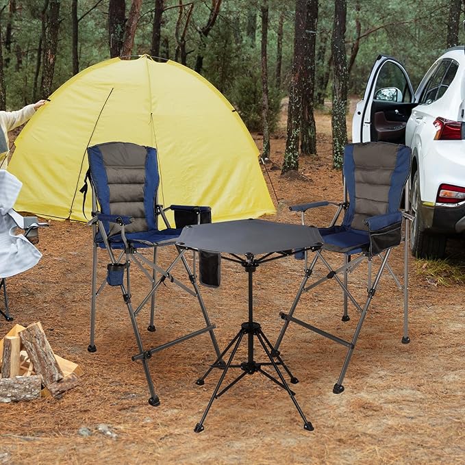 Extra Tall Folding Chairs 2 Pack & Adjustable Height Folding Table Set, Portable Outdoor Bar Table & Foldable Director Chairs with High Back and Storage Bag for Backyard,Beach,Travel