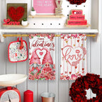 Valentines Day Kitchen Towels, Valentine Towels Set of 2, Gnomes Love Hearts Roses Happy Valentine's Day Hand Dish Tea Towels for Bathroom Housewarming Gifts Decorations for Home (18x28 Inches)