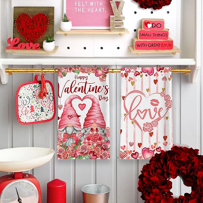 Valentines Day Kitchen Towels, Valentine Towels Set of 2, Gnomes Love Hearts Roses Happy Valentine's Day Hand Dish Tea Towels for Bathroom Housewarming Gifts Decorations for Home (18x28 Inches)