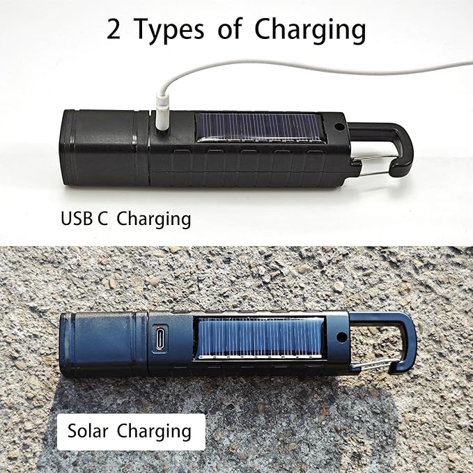 2 Pack Solar Flashlight, Rechargeable Zoomable LED Flashlight, High Lumens Solar Powered Flashlights with Tail Hook Rechargeable Handheld Flashlights for Home Emergency Camping Hiking