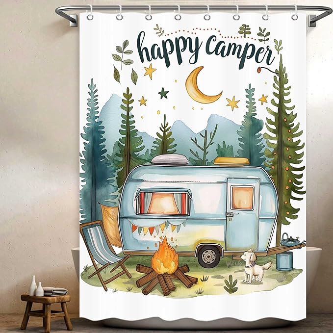Happy Camper Small Stall RV Shower Curtain Rustic Tree Mountain Adventure Tent Camping Bathroom Curtains Travel Trailer Bathroom Accessories Set with Hooks 47 x 64 Inches