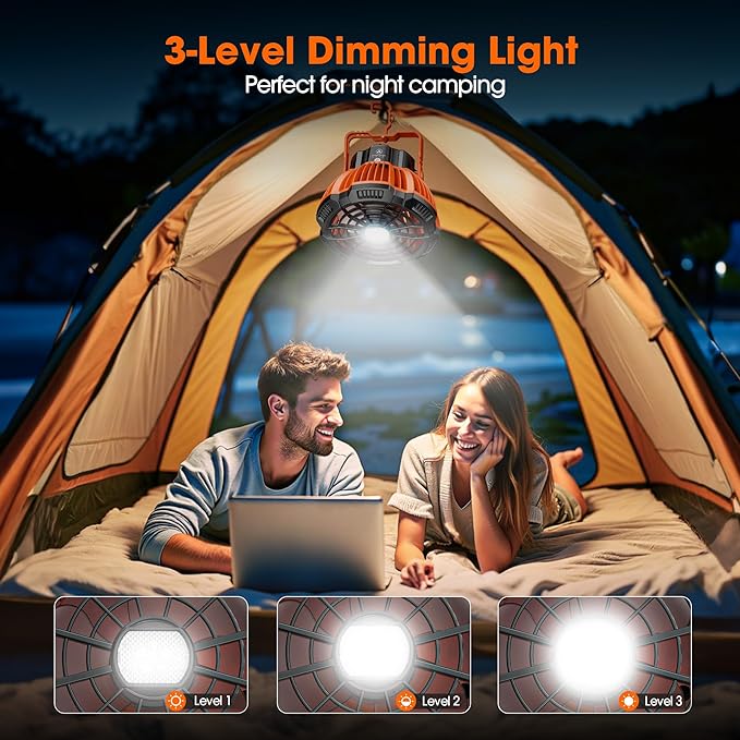 Portable Camping Fan & Lantern, (40H Max Working) Rechargeable Battery Operated Fans & Hook, 15000mAh Glamping Tent Hanging Fan for Car Camping Essentials Accessories,Hiking,Hurricane Survival Gear