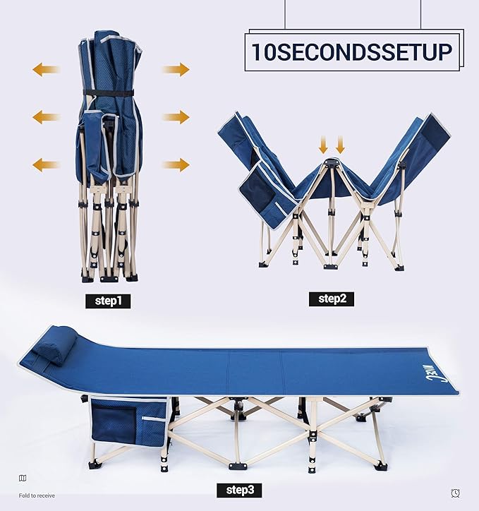 Nice C Camping Cots, Cots for Adults, Folding Cot Bed, with Pillow, Carry Bag & Storage Pocket, Extra Wide Sturdy, Holds Up to 500 Lbs (2, Blue)