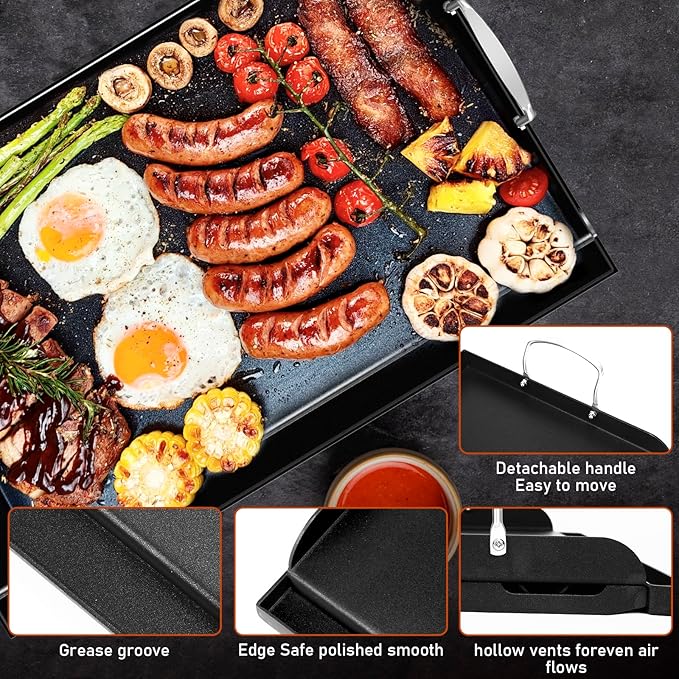 Cast Iron Griddle for Gas Grill, Stove Top Griddle, Nonstick Griddle top for Outdoor Gas & Charcoal Grills, 25" x16" Nonstick FlatTop Insert Cooking Pan for Weber Charbroil Dynaglo Grill