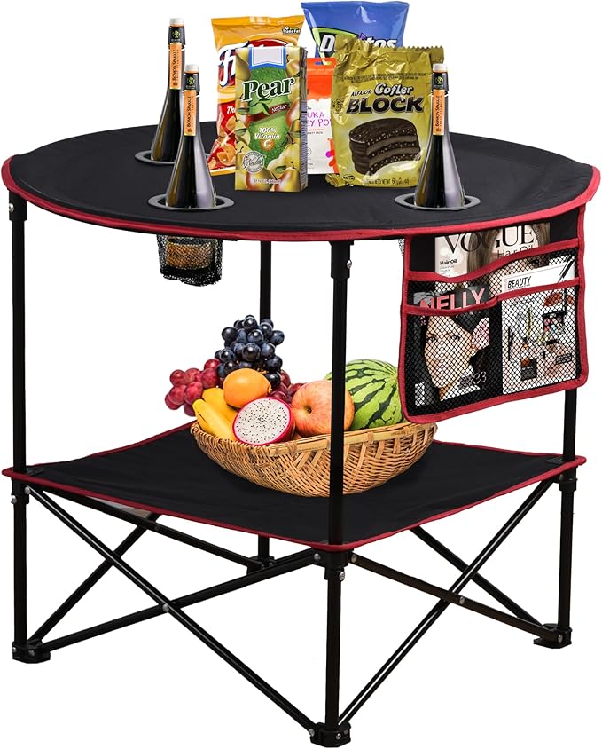 LEADALLWAY Camping Table Folding Picnic Table with 4 Cup Holders and Side Storage Bag Collapsible Canvas Portable Tables Folding with Carry Bags for BBQ Outdoor Fishing