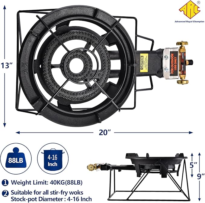 ARC Outdoor Propane Burner Stove, 13" Single Propane Wok Burner, Cast Iron Portable Wok Burner With Sturdy Stand, Bilateral Control Rings and 0-20 PSI Adjustable regulator, Stainless Steel Hose
