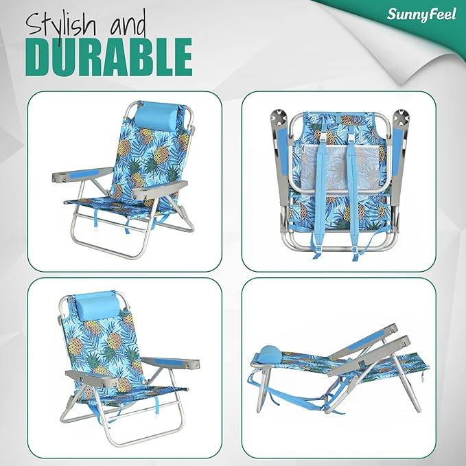 SUNNYFEEL Extra Wide 28" Low Beach Chair 5 Position Lay Flat, XL Oversized Portable Folding Camping Chairs with Cup Holder for Outdoor/Trip, Lightweight Foldable Backpack Beach Chair for Adults