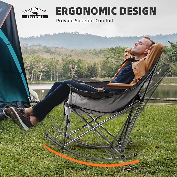 Oversized Rocking Camping Chairs Set of 2, Fully Padded Camp Chairs for Adults with Side Pocket and Cup Holder, Heavy-Duty 400lbs Capacity, Black & Gray