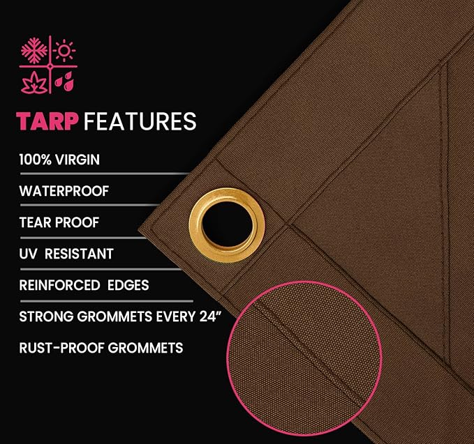 PROTARP Extreme Heavy Duty 20 OZ Water Resistant Canvas Tarp, UV Resistant Tarpaulin Cover with Rustproof Brass Grommets, Multipurpose for Canopy, Roof, Camping, Woodpile (Brown 10'X12')