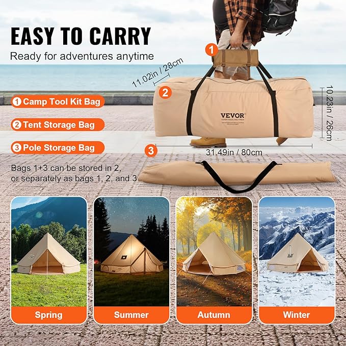 VEVOR Canvas Tent Bell, Yurt 4 Seasons for Camping with Stove Jack, Breathable Holds up to 4 People, Family Camping Outdoor Hunting Party