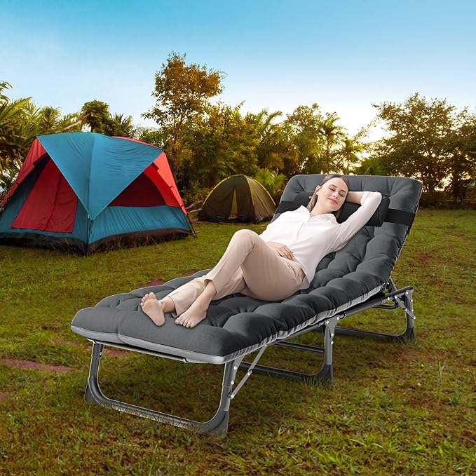 DoCred Folding Lounge Chair with Mattress, 5 Position Adjustable Folding Sleeping Bed Cot Chaise Lounge Chairs Perfect for Sunbathing, Camping, Pool, Beach, Patio